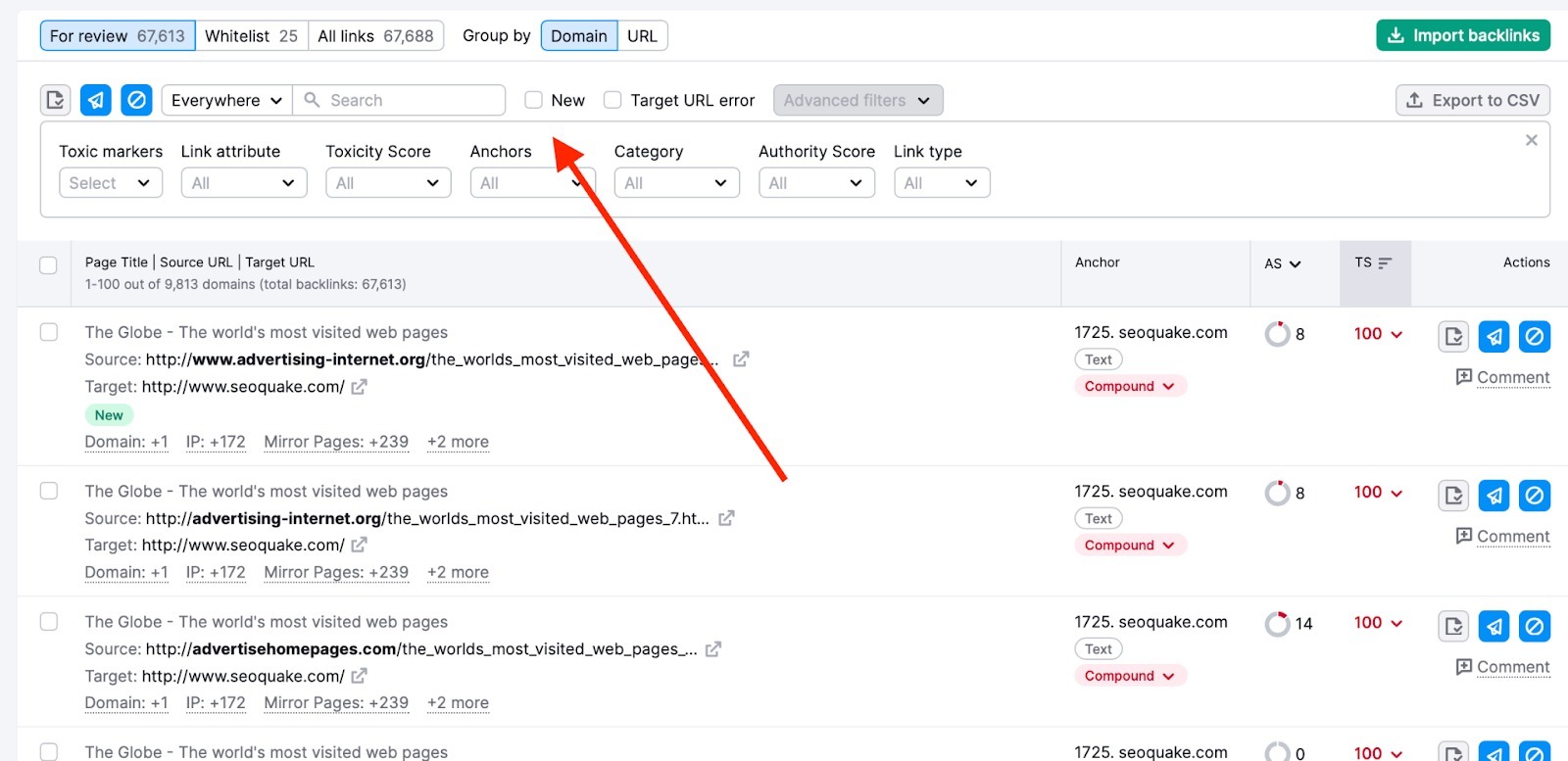 A list of backlinks for review in Backlink Audit. A red arrow is pointing towards the New checkbox in the list of filter on top of the report.