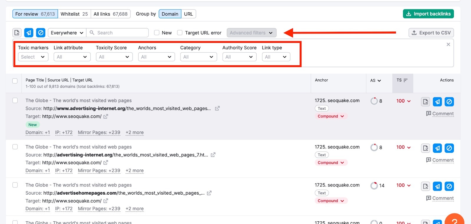 An example of what the list of Advanced filters looks like in Backlink Audit. A red arrow is pointing towards the Advanced filters dropdown menu, and the entire row of available advanced filters is highlighted separately.