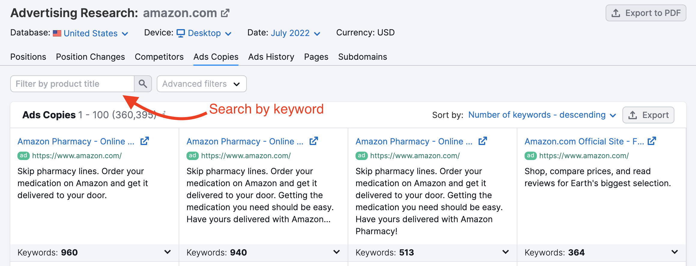 Advertising Research Ad Copies report. A red arrow points to the 'filter by product title' search bar. The red arrow is labeled as 'search by keyword'. 